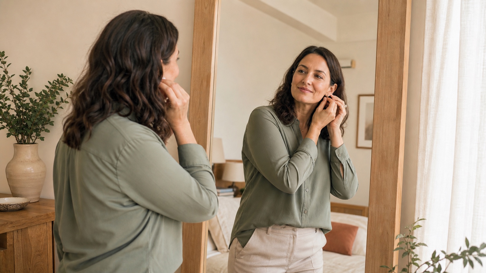 Illustrative scene of an adult smiling gently at her reflection while getting ready for the day