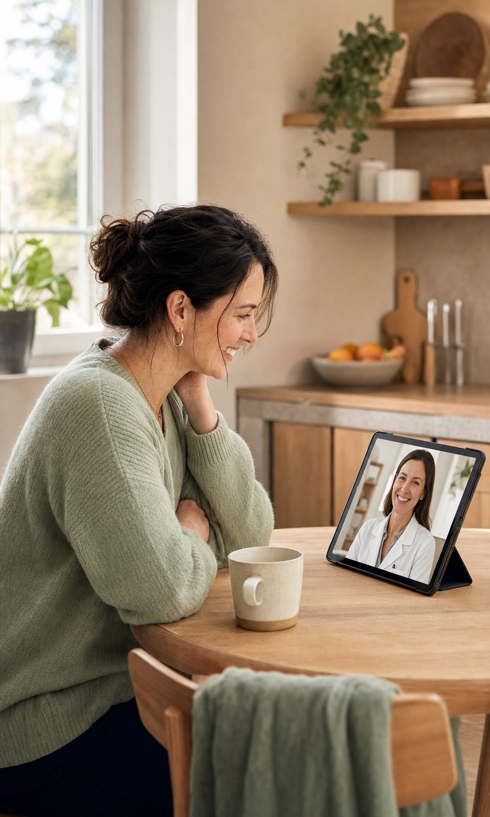 Illustrative scene of an adult speaking with a clinician by telehealth